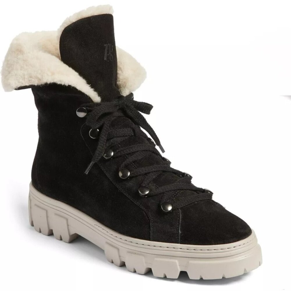 Paul Green Black Suede Shearling-Trim Lug Ankle Boot